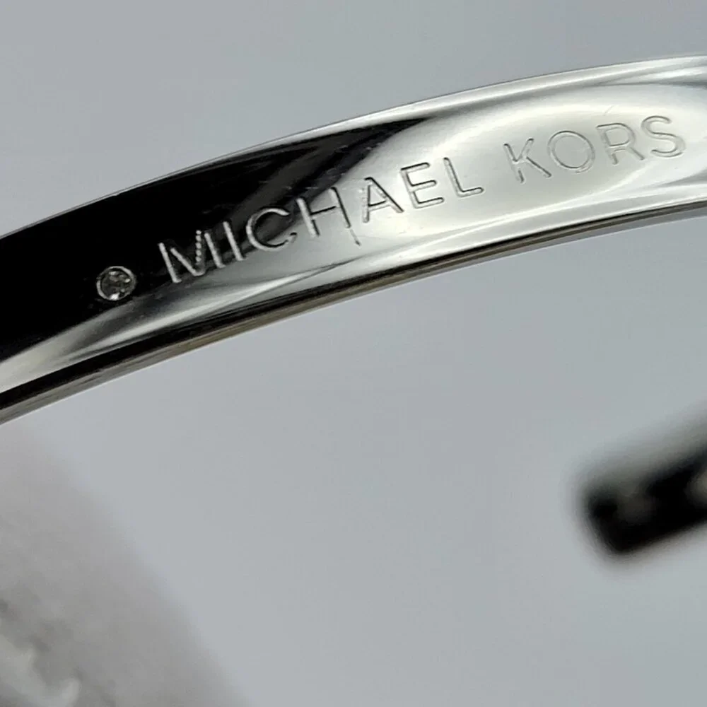 Michael Kors Silver Tone Logo Open Cuff Bracelet Tiny Diamond Accent 6.5
